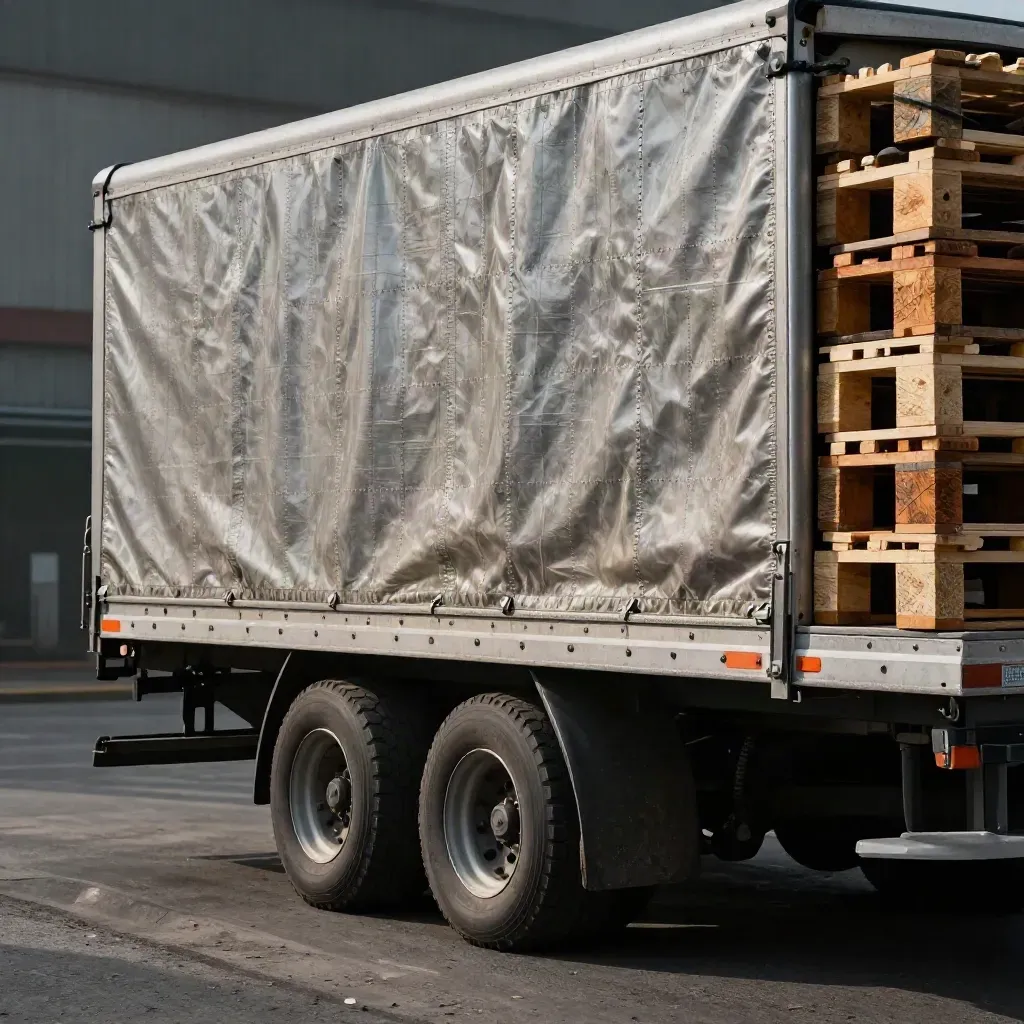 Close-up of a taut curtain-sided freight trailer skin with straps, chocks, and pallet corners.