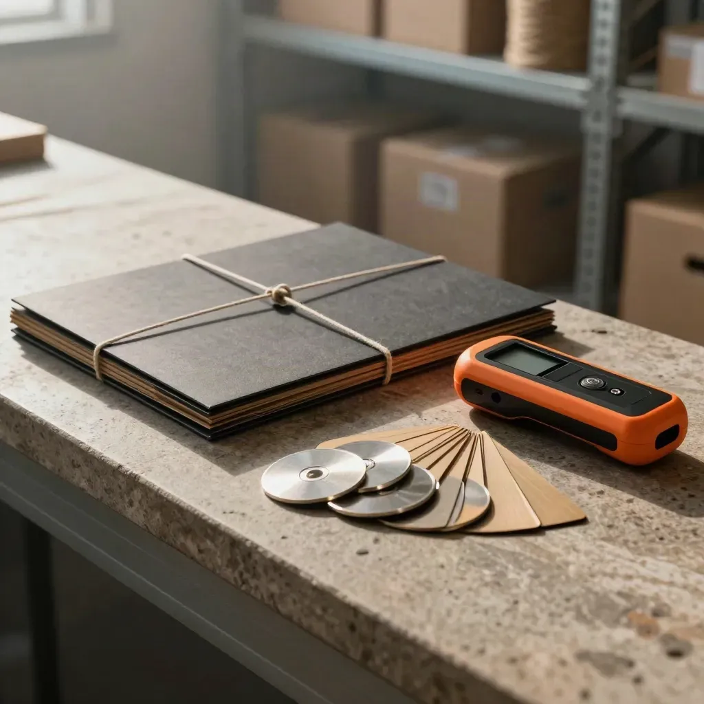 Folders, route tokens, and a scanner on a stone ledge in a hazy dispatch bay.