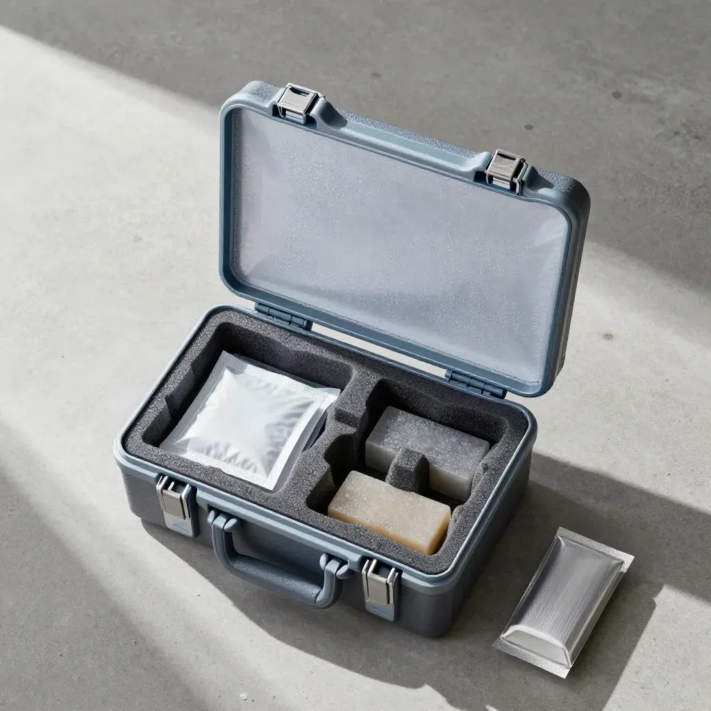 Insulated cargo case with cold packs and foam inserts on concrete, viewed from above.