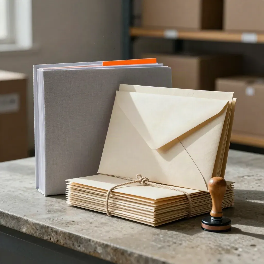 Export document pack with folders, envelopes, string ties, and a rubber stamp on stone.